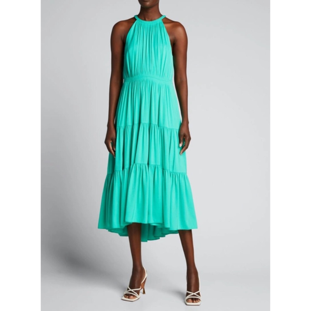 Kobi Halperin Robin Shirred Halter Neck Dress Sleeveless Tiered Midi Green Sz 10